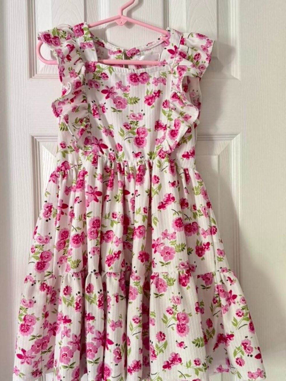 Floral Ruffle Shoulder Tiered Summer Dress Pink Green White